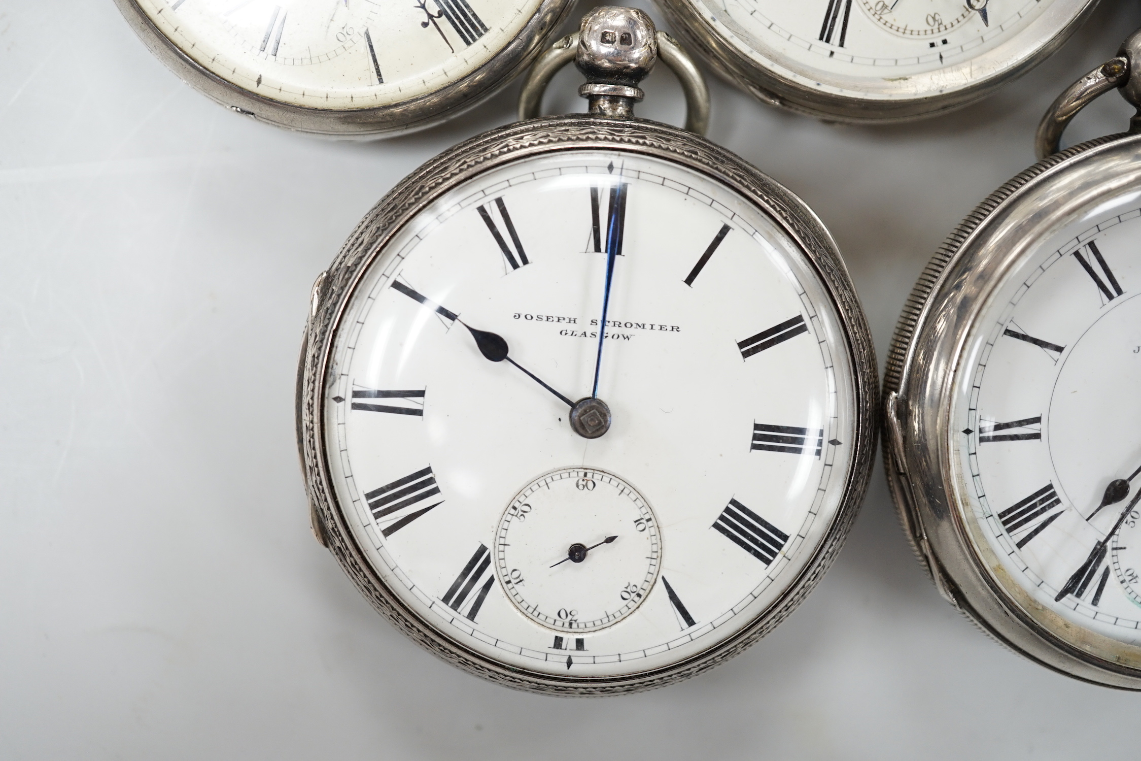 Nine assorted silver or white metal pocket watches including Joseph Stromier and John Forrest.